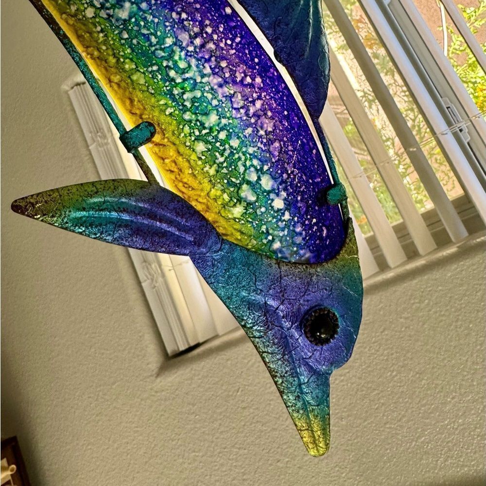 RARE OSALAD Garden Animal of Metal Dolphin Wall Artwork with Blue Painting Glass - Picture 5 of 7